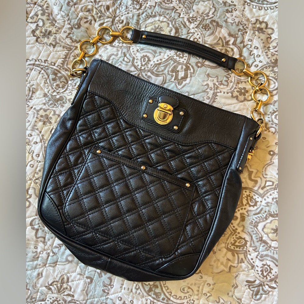 Marc Jacobs Black Quilted Leather Handbag with Gold Accents